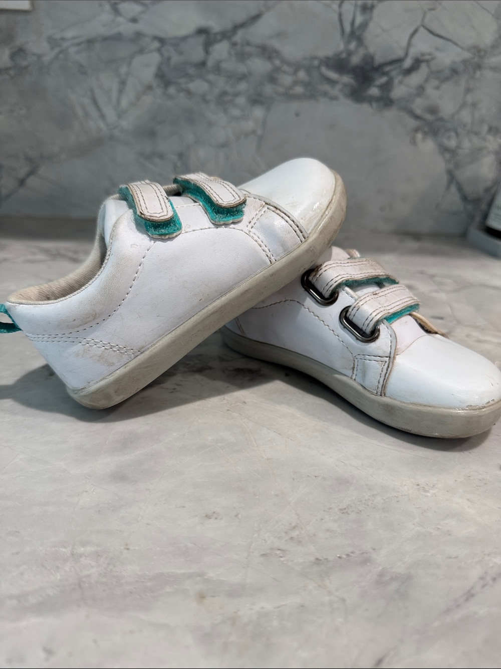 Ten Little Kids White Sneakers with Teal Accent - Velcro Closure 8.5C
